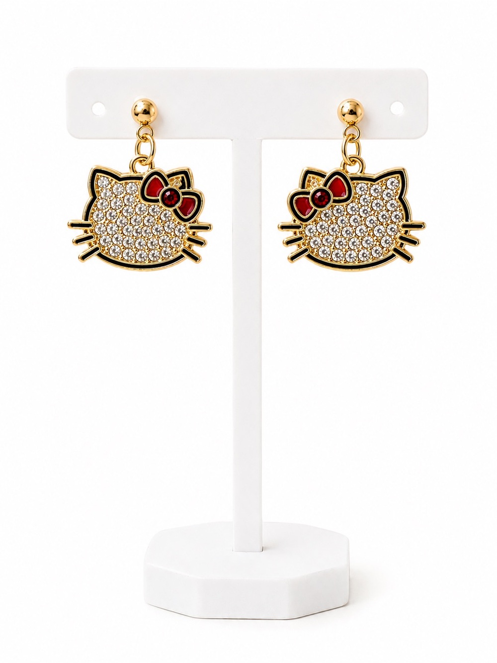 Hello Kitty Rhinestone Dangle Earrings Gold Tone Red Bow Cute Kawaii - Picture 3 of 6